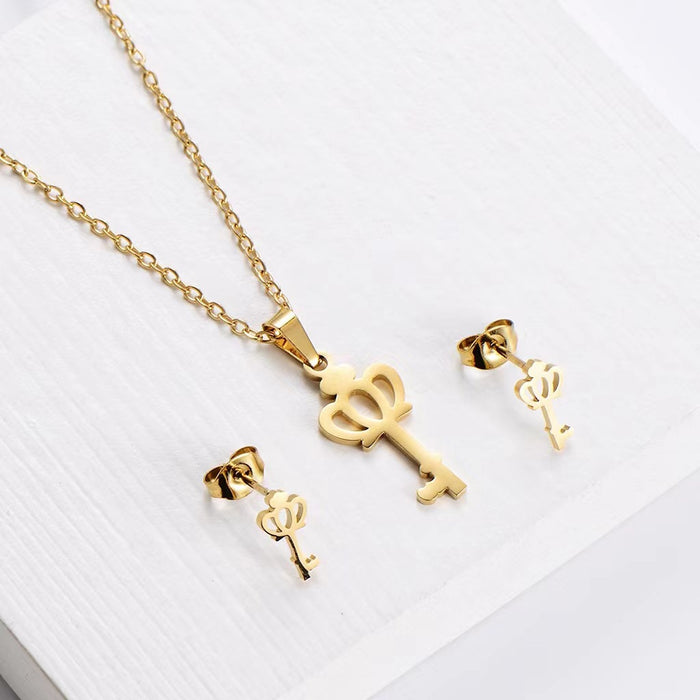 Wholesale Crown Key Necklace Earring Set Accessories Polishing Pendant Jewelry