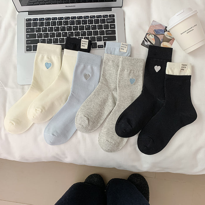 Wholesale Socks, cotton socks, mid tube socks, heart-shaped embroidered pile socks, double ribbed spliced long socks, anti odor boneless cotton socks