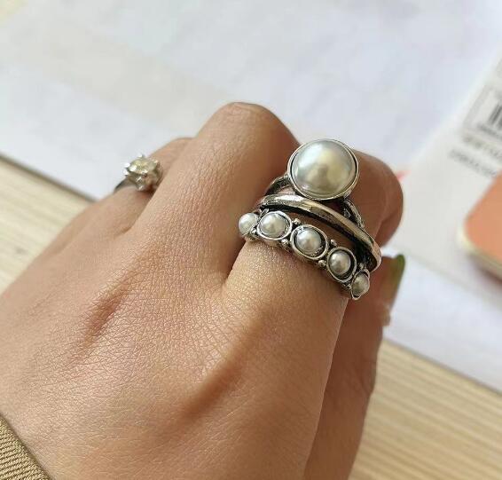 Wholesale Cross border Retro Independent Station New Product Ring Creative New Large Pearl Open Ring Fashion Diamond Set Ring