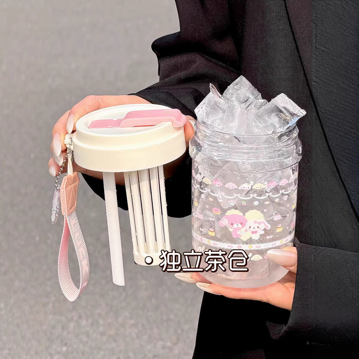 Wholesale Plastic Double Straw Cup With Carrying Rope Large Capacity Tea Water Separation Cartoon Design Trendy Summer Drinkware For Women