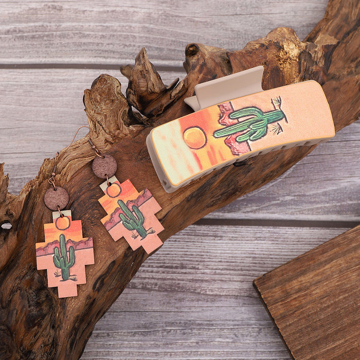 Wholesale Western Denim Wind Sunflower Cactus Leather Women' s Hairpin Grab Clip Shark Clip Plus Earrings Combination