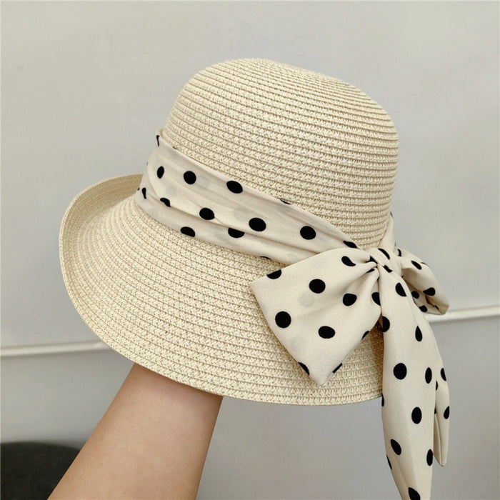 Wholesale Retro elegant polka dot bow sun hat, straw hat, sun protection basin hat