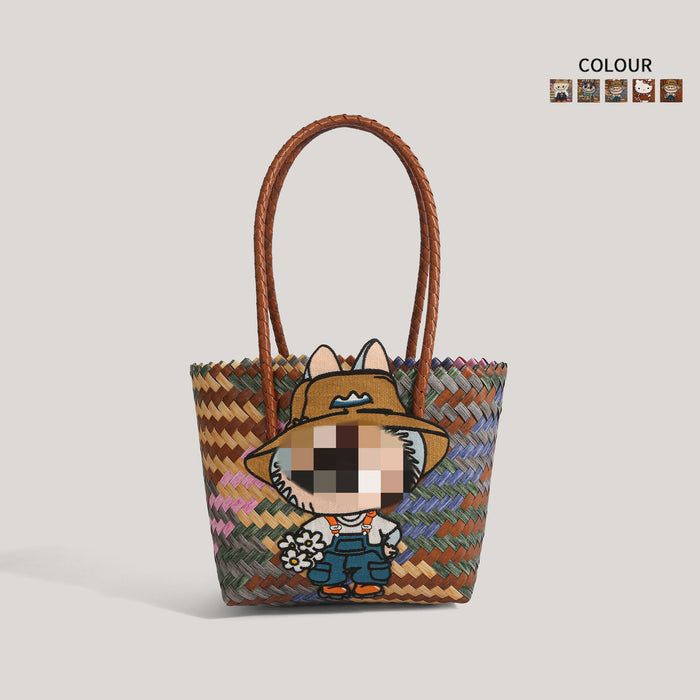 Wholesale  Summer Cartoon Woven Bag Large Capacity Work Bag Hand Woven Vegetable Basket Women' s Shoulder Bag