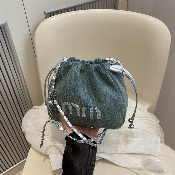 Wholesale Premium and niche canvas bag, chain crossbody bag, fashionable pleated bucket bag