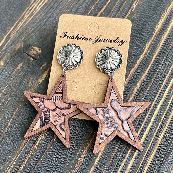 Wholesale Western Denim five-pointed star Natural genuine leather earrings leopard print milk pattern inlaid earrings