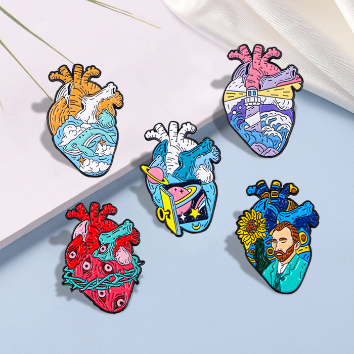 Wholesale Oil Painting Heart Brooch Lighthouse Ocean Viscera Badge Metal Oil Drop Clothing Accessories