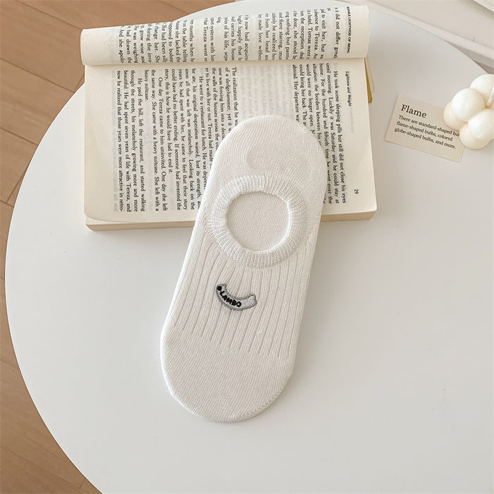 Wholesale Ship socks with anti slip and cotton heel, women's shallow mouth socks, gray cartoon embroidery, invisible