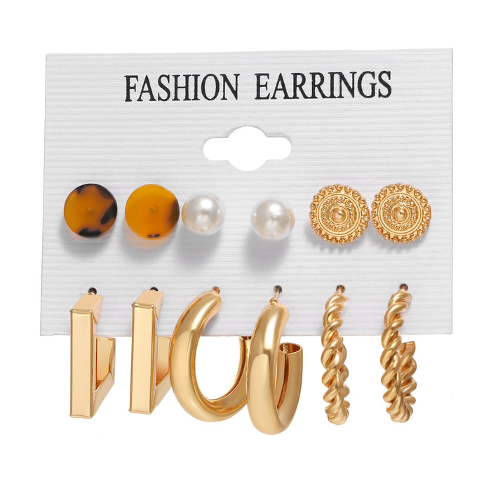 Wholesale 6-piece geometric pearl and diamond statement earring set