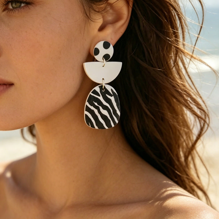 Wholesale Geometric Zebra Print Leather Long Earrings Black White Fashion Jewelry Accessory