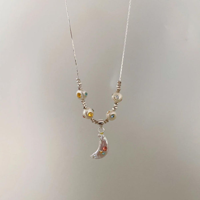 Wholesale Baroque pearl crescent silver necklace summer color zircon moon clavicle necklace