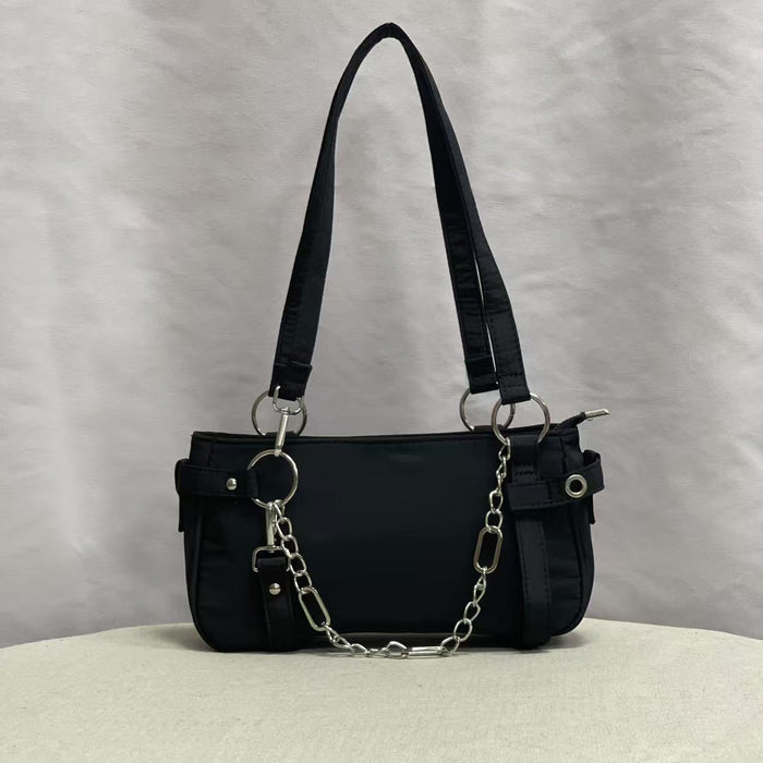 Wholesale Cowboy canvas PU motorcycle bag with round ring chain nylon shoulder bag, hand-held armpit women's bag