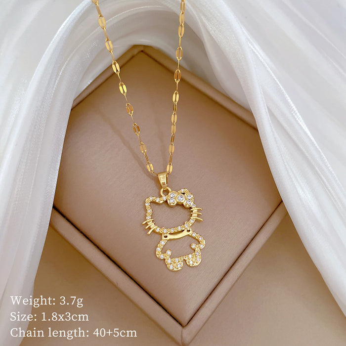 Wholesale Hollow Cat Light Luxury Full Diamond Titanium Steel Necklace JDC-NE-LG033