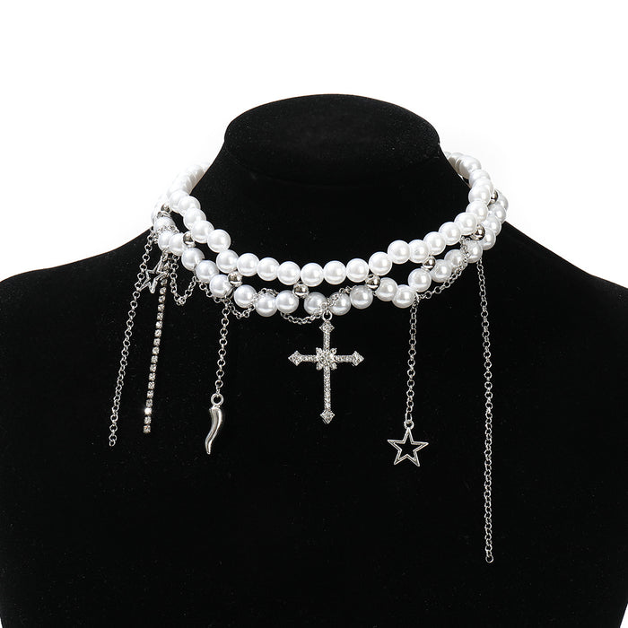 Wholesale  Imitation Pearl Star Tassel Necklace Advanced Sense Cross Necklace Chain