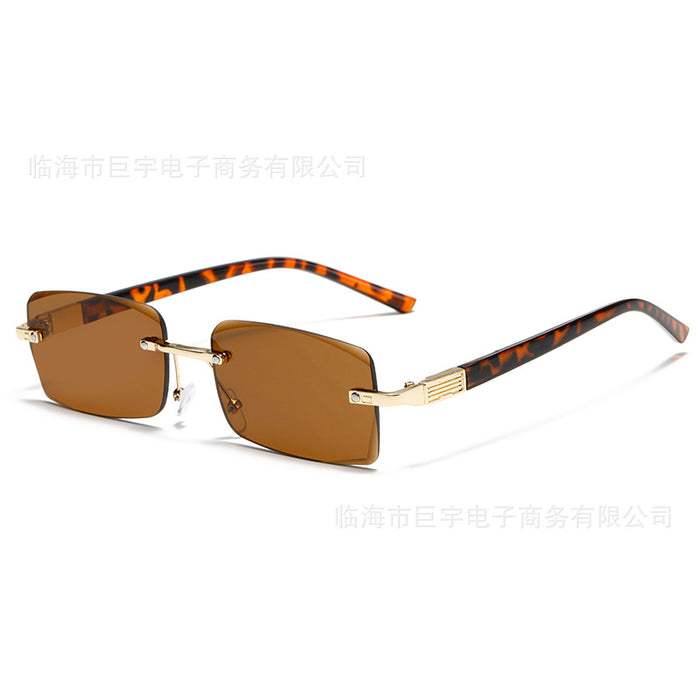 Wholesale Wood grain temple metal frameless sunglasses, irregular square trendy sunglasses