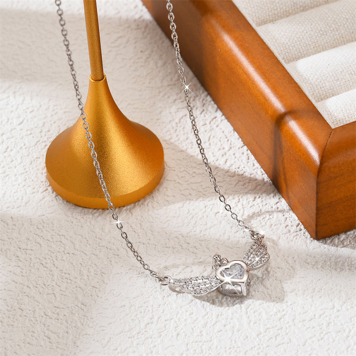Wholesale New Micro inlaid Zircon Love Wing Necklace with Light Luxury and High Grade Titanium Steel Lock Chain Accessories