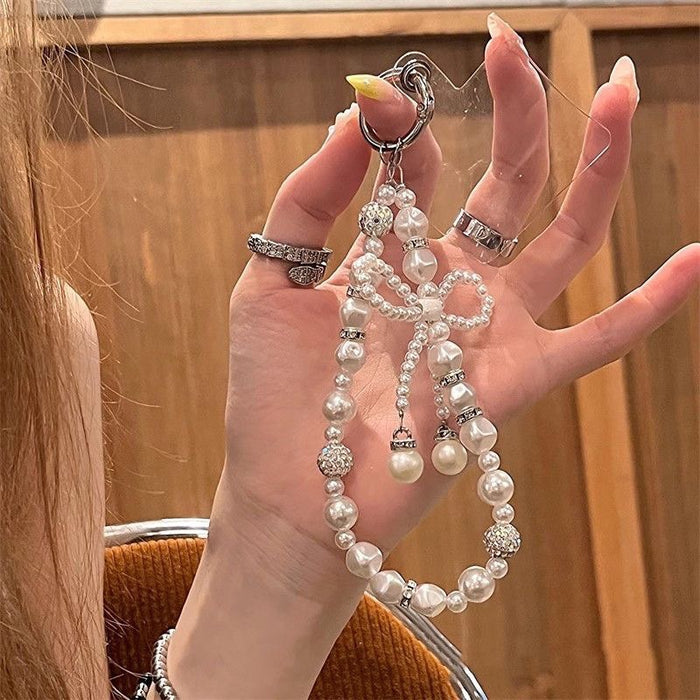 Wholesale Diamond-encrusted Pearl Bow Keychain  Chain Beaded Mobile Phone Pendant