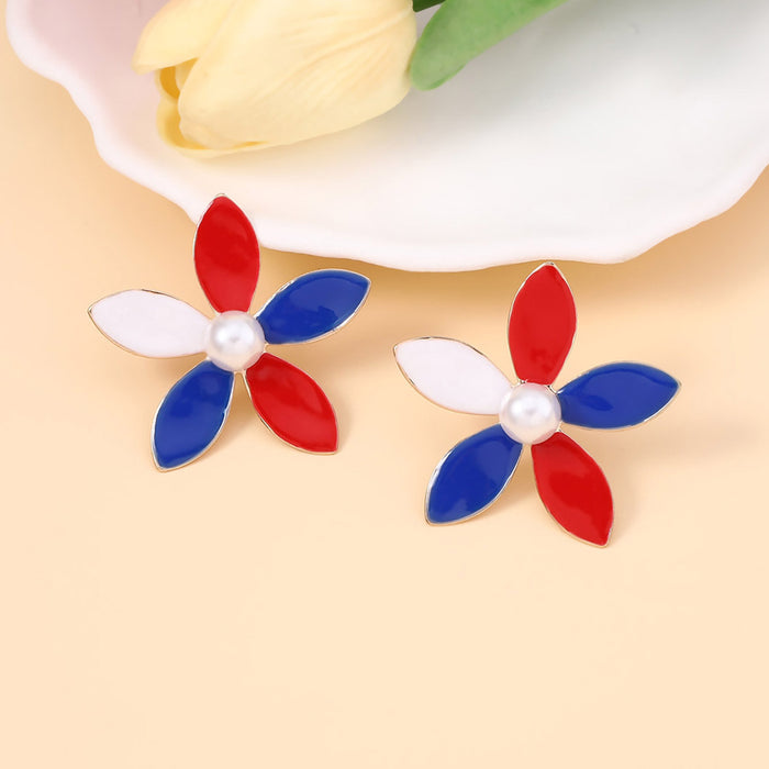 Wholesale Independence Day Red Blue and White Flowers Zinc Alloy Earrings JDC-ES-YueLi005