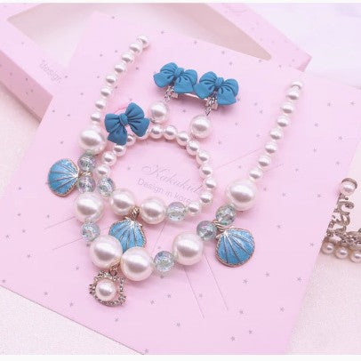 Wholesale children princess bow shell pearl necklace suit