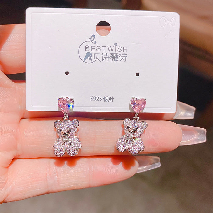 Wholesale Zircon Bear Love Earrings Silver Needle Cartoon Elegant Earrings New Earrings