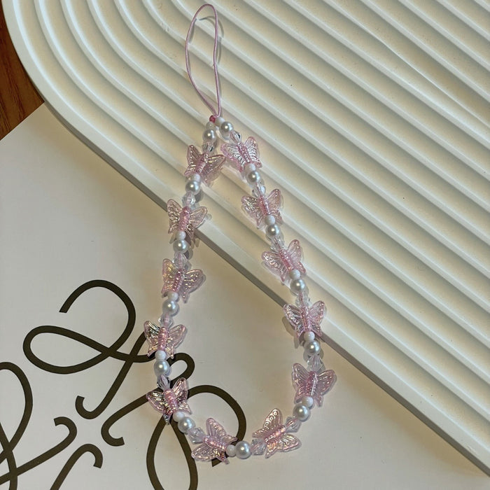 Wholesale Acrylic Imitation Pearl Beaded Mobile Phone Butterfly Mobile Phone Key Hanging Chain