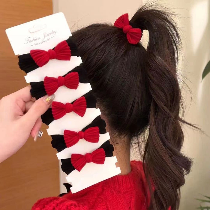 Wholesale New Year Red Bow Hair Cord Ponytail Seamless Thick High Elastic Hair Ring for Girls