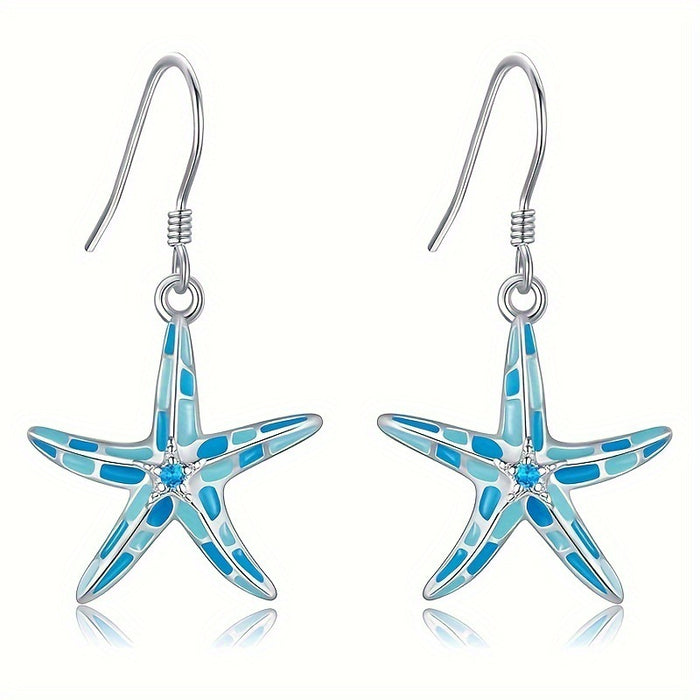 Wholesale Ocean Wind Alloy Dripping Oil Sea Star Series Earrings Simple and Versatile Blue Diamond Earhook