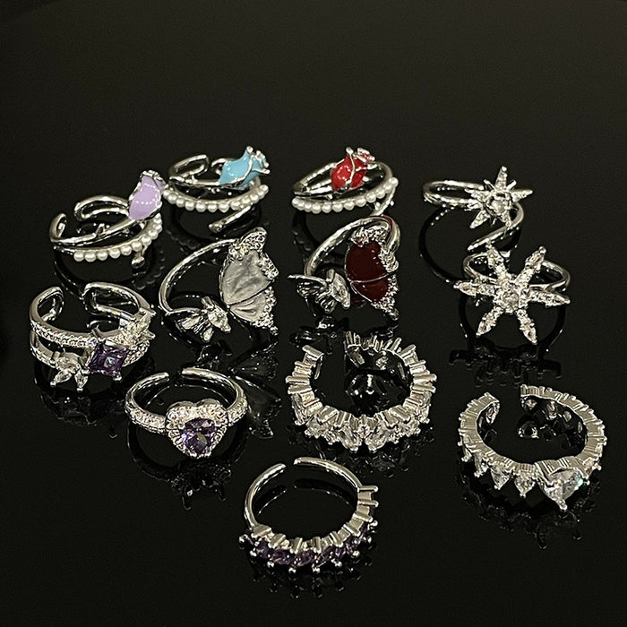 Wholesale Full diamond zircon high-end butterfly heart opening ring, niche design, personality