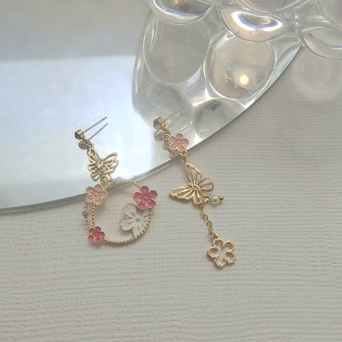 Wholesale Silver Needle Sweet Flower Butterfly Earrings with Asymmetric Diamond Setting