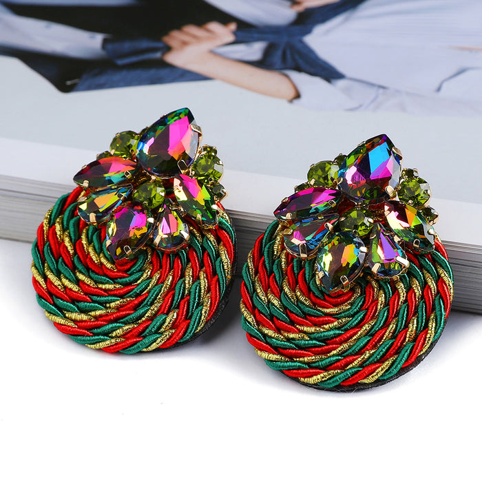 Wholesale Fashionable hand woven rope with circular inlaid colorful crystal earrings, elegant earrings and jewelry