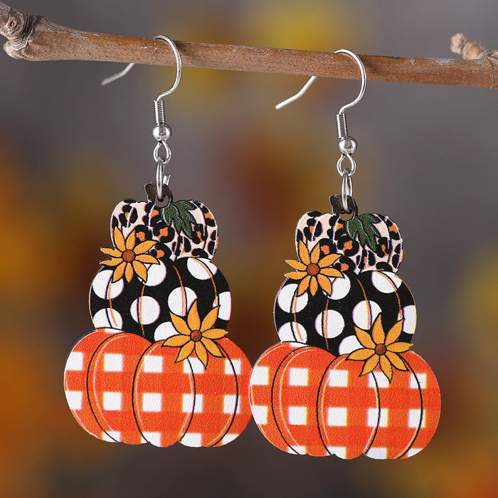 Wholesale Thanksgiving Autumn Harvest Polka Dot Plaid Pumpkin Flower Pendant Earrings Wooden Double-Sided Earrings