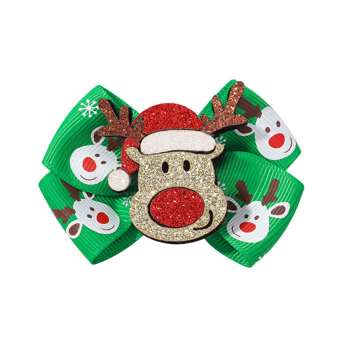 Wholesale Polyester Children's Printed Glitter Bow Christmas Elk Hairpin JDC-HC-Xiane012