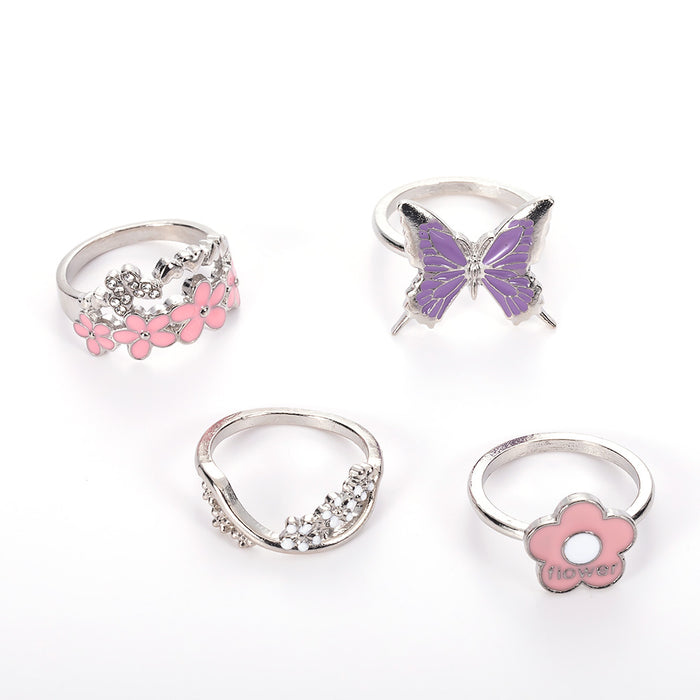 Wholesale Pink Flower Purple Butterfly Diamond Drop Oil 4-piece Ring Set JDC-RS-KeR008