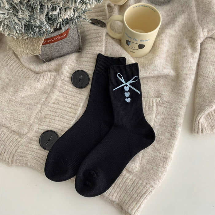 Wholesale Grey socks embroidered with heart, mid tube socks, blue ribbon, bow, stacked socks