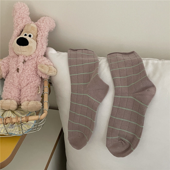 Wholesale Curled edge fine stripe mid tube socks, soft socks, stacked socks