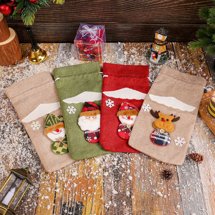 Wholesale Christmas linen old man figurine wine bottle cover holiday hotel dining table cartoon three-dimensional drawstring wine bag