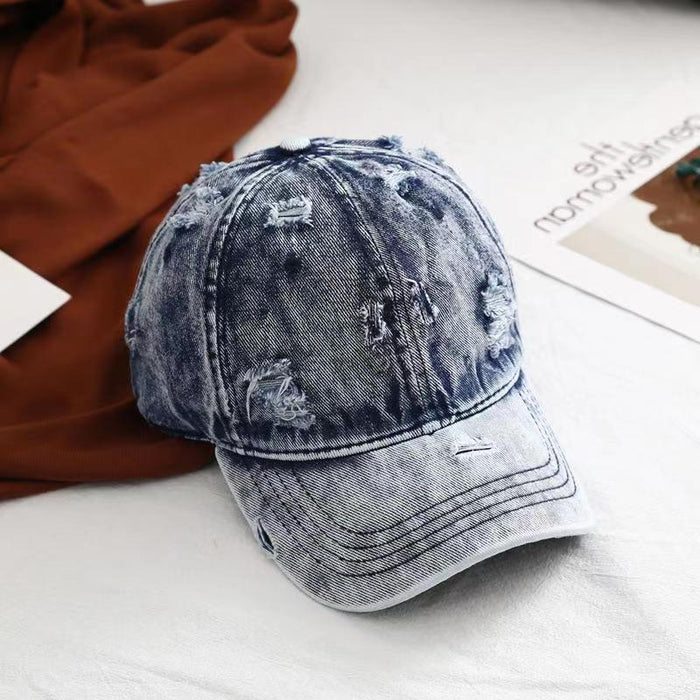 Wholesale British ripped hat, vintage distressed washed denim baseball cap, outdoor sun shading and sun protection, curved brim duckbill cap