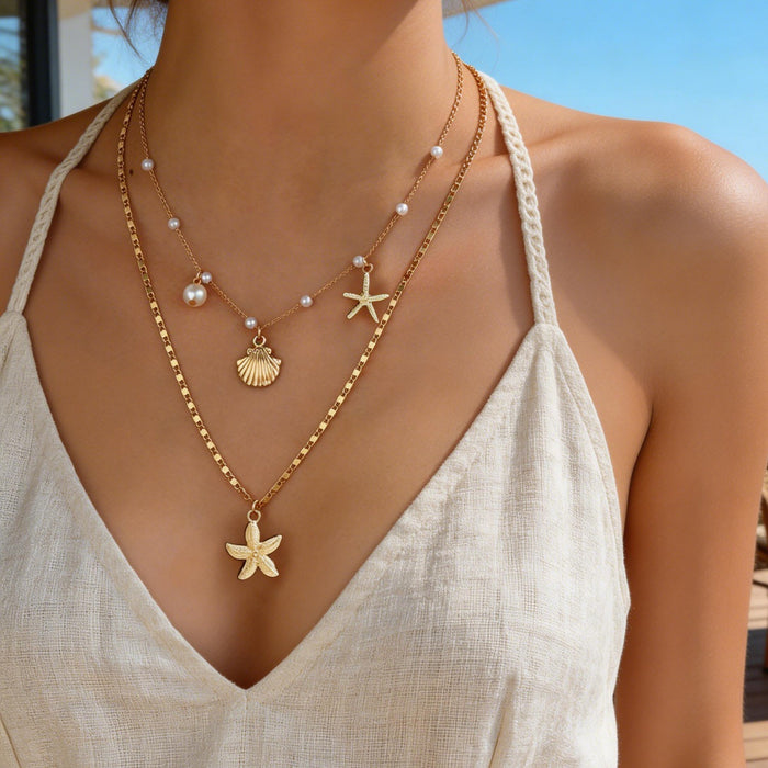 Wholesale Bohemian Starfish Shell Pendant Necklace Faux Pearl Ocean Series Beach Vacation Style