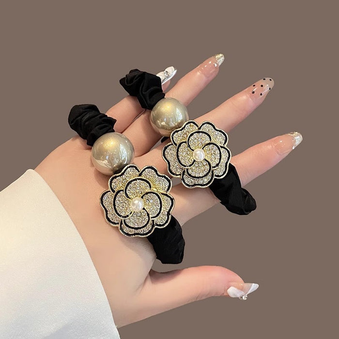 Wholesale Hairband exquisite camellia rhinestone hairband versatile retro high elastic ponytail ball hair band