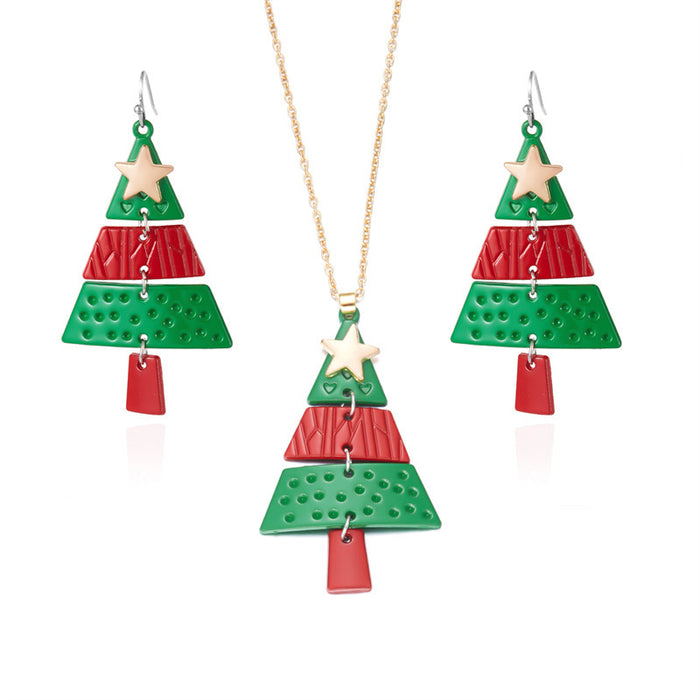 Wholesale Christmas jewelry creative splicing Christmas tree pendant necklace personalized holiday earrings necklace set