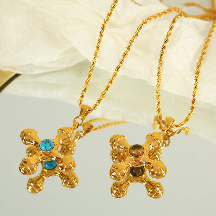 Wholesale Jewelry retro temperament  creative cross inlaid tiger eye stone pendant necklace earrings