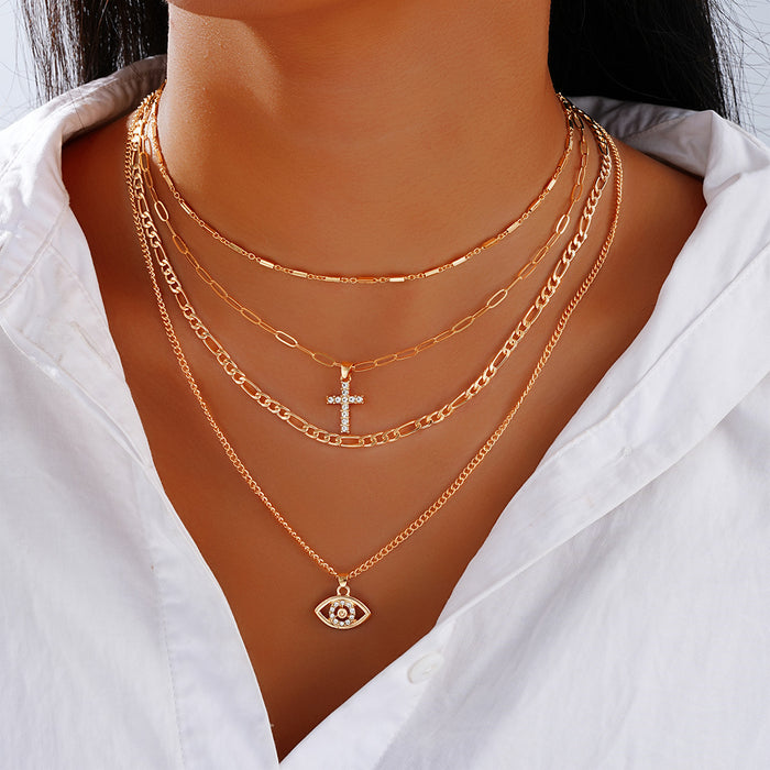 Wholesale Diamond studded Devil's Eye Cross Necklace Set, 4-piece Set