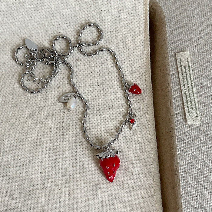 Wholesale Red Enamel Strawberry and Pearl long Necklace