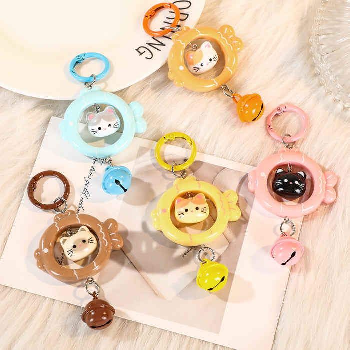 Wholesale Cartoon Cat Eating Fish 3D Keychain With Bell Blue Plastic Key Ring Fashion Bag Charm Accessory