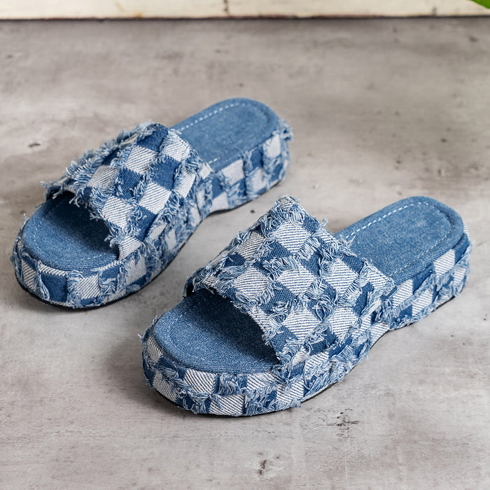 Wholesale Summer Thick-soled Denim Thick-soled Platform Slippers JDC-SP-Xinlan001