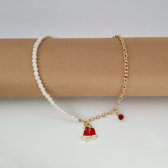 Wholesale Christmas Necklace Alloy Dripping Oil  Snowflake Bell Pearl Christmas Necklace