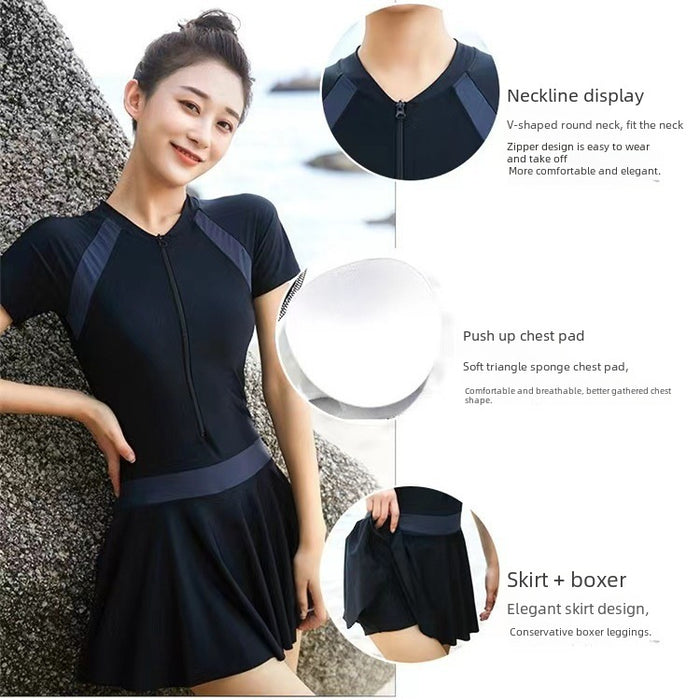 Wholesale Color blocking one-piece swimsuit with patchwork skirt style swimsuit, conservative slim fit, slimming and sexy swimsuit that covers the belly