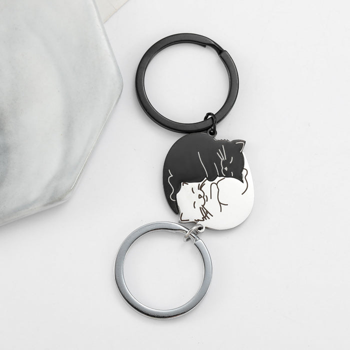 Wholesale cartoon black white cat stainless steel keychain couple jewelry small pendant