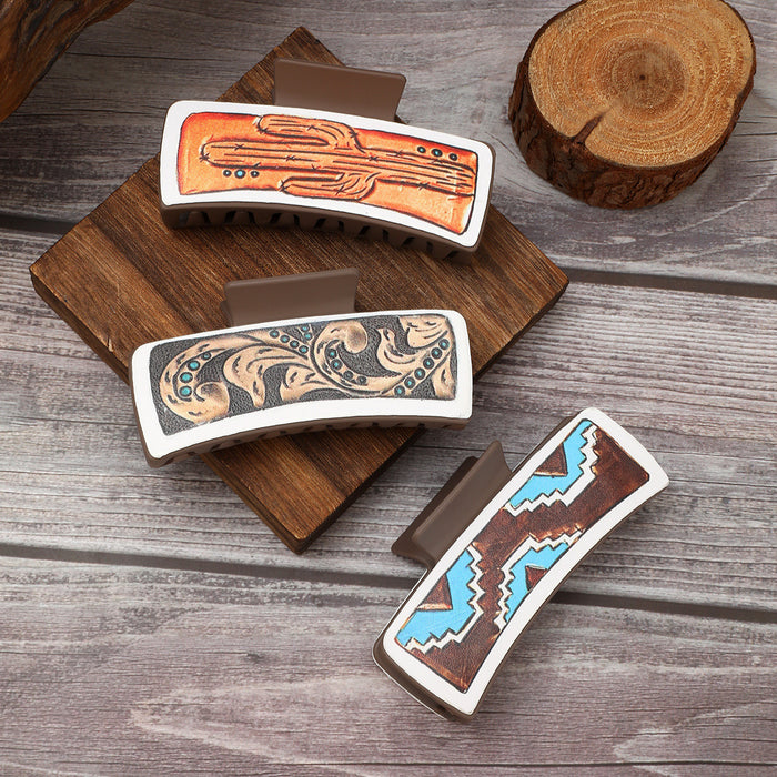 Wholesale West Denim Wind Cactus Leather Hairpin Women Shark Clip Grab Clip