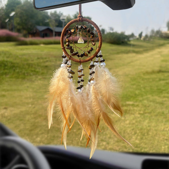 Wholesale Crystal Stone Dream Catcher Car Pendant Feather Wind Chime Rearview Mirror Decorative Accessory MOQ≥2
