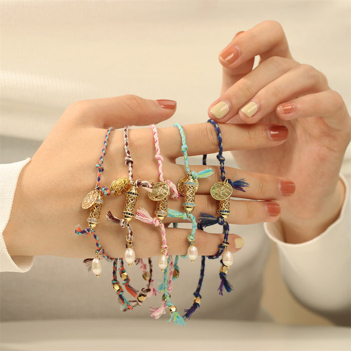Wholesale Mixed Color Cotton Thread Braided Freshwater Pearl Pendant Bracelet JDC-BT-TianYi006